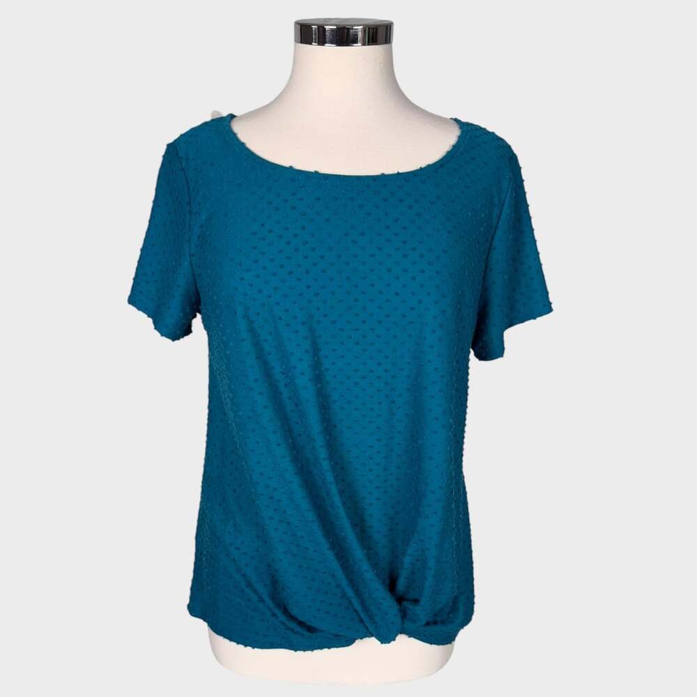 Rose & Olive Medium Teal Blue Hobnail Short Sleeve Blouse Polyester Rayon